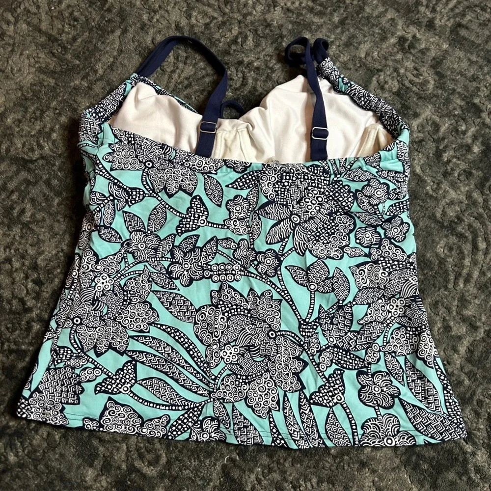 Lands End‎ Tankini Top Womens 4 DD Turquoise Navy Blue Floral Underwire Swimwear